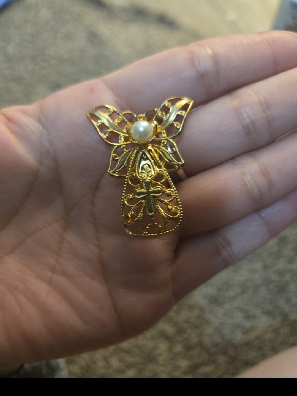 Gold Angel Pin Brooch with Pearl Accent